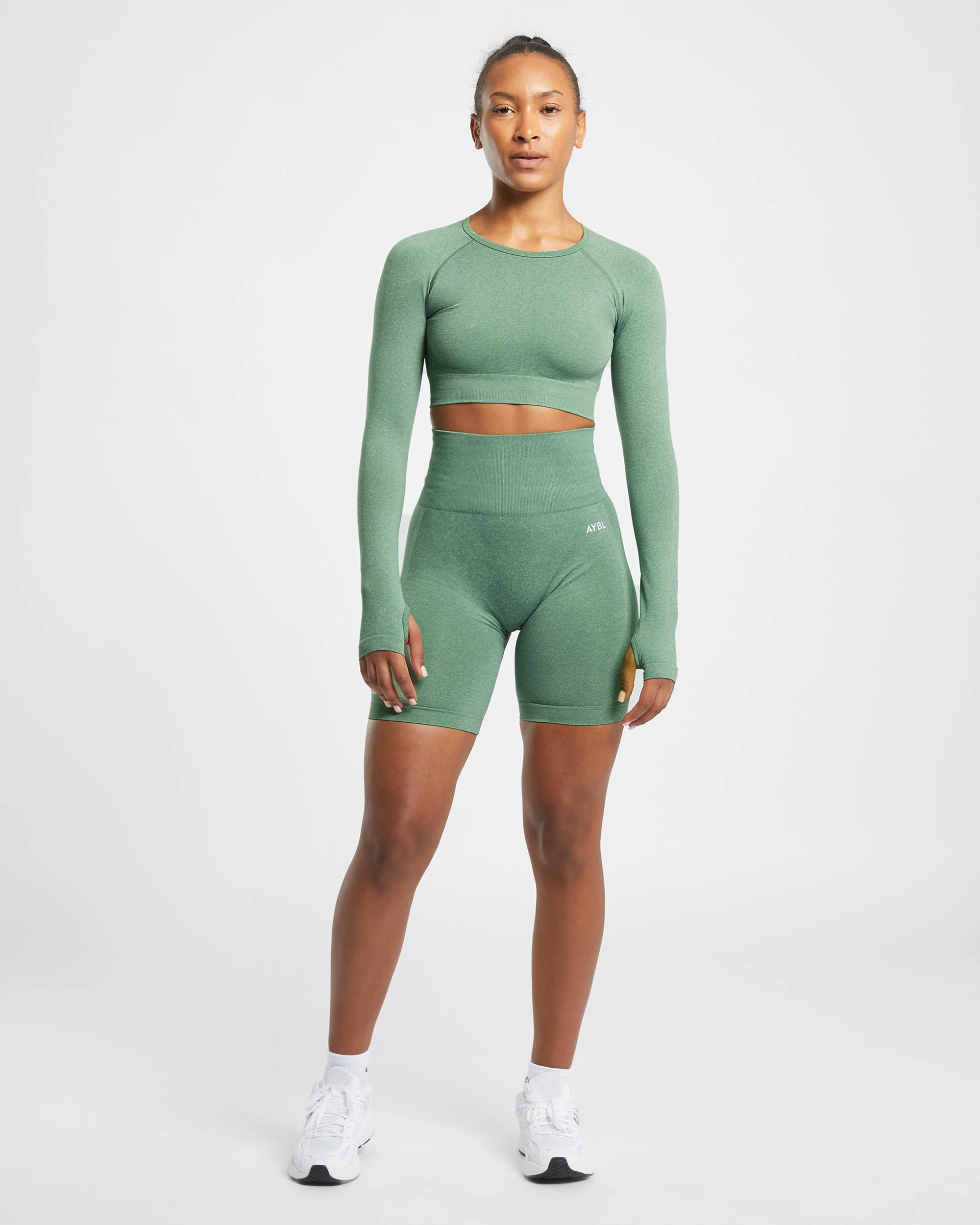 Empower Seamless Long Sleeve Crop Top - Olive Marl - Image 3