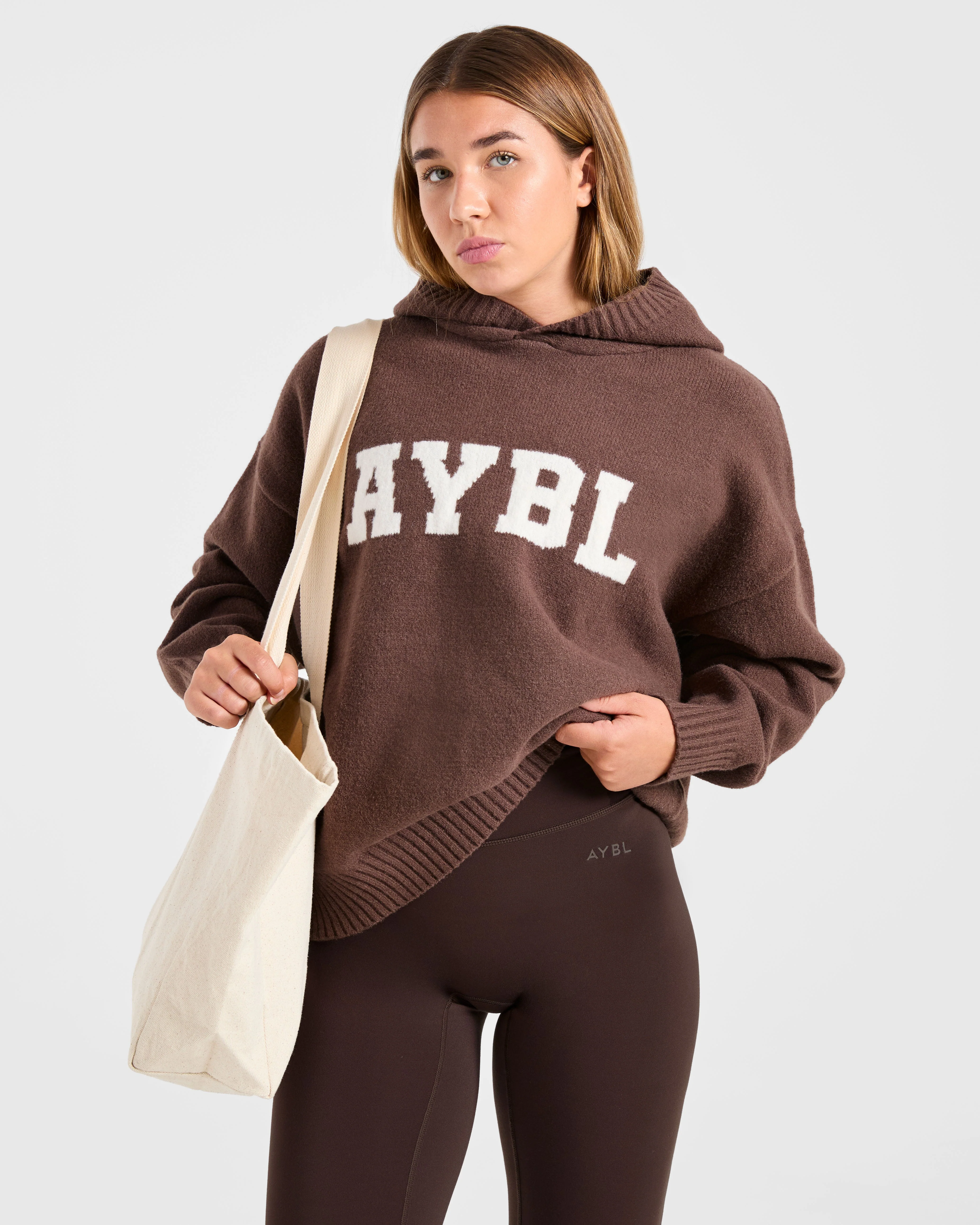 Varsity Oversized Knitted Hoodie - Bruin - Image 8